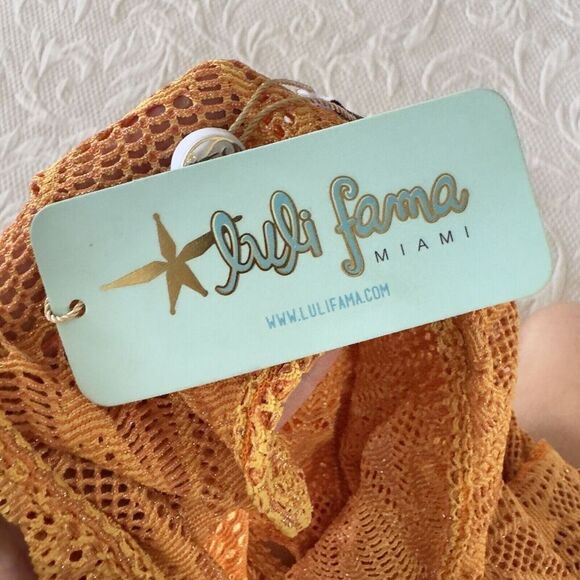 NWT Luli Fama Obsession Scalloped Romper Yellow Cuban Sunset Small Coverup - Picture 9 of 11